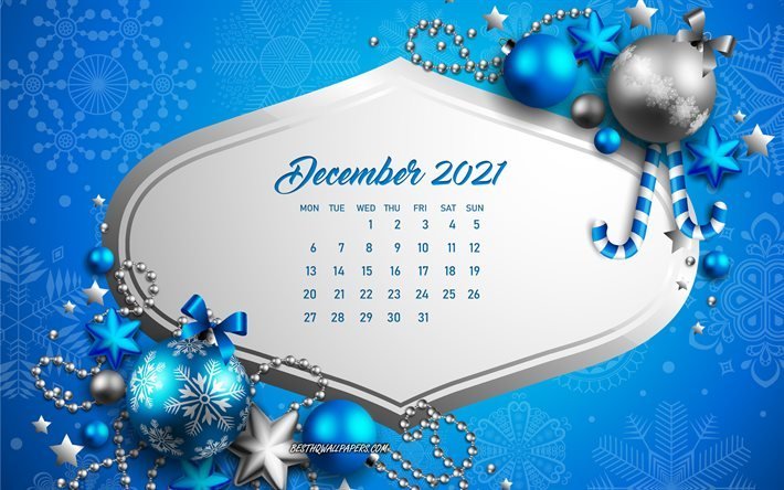 2021 dezember kalender, 4k, blauer weihnachtshintergrund, dezember, blaue weihnachtskugeln, dezember 2021 kalender, 2021 konzepte
