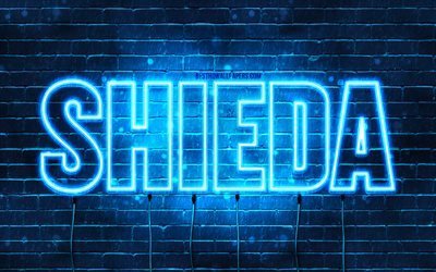 Happy Birthday Shieda, 4k, blue neon lights, Shieda name, creative, Shieda Happy Birthday, Shieda Birthday, popular japanese male names, picture with Shieda name, Shieda
