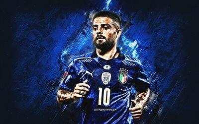 Lorenzo Insigne, Italy national football team, portrait, blue stone background, grunge art, Italy, football
