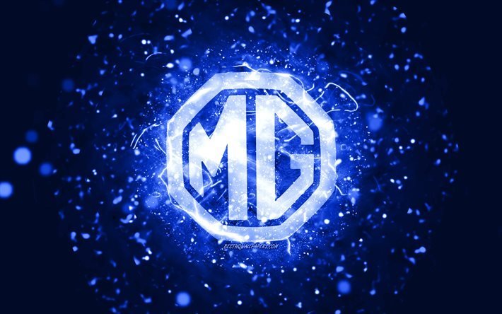 MG dark blue logo, 4k, dark blue neon lights, creative, dark blue abstract background, MG logo, cars brands, MG