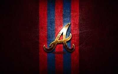 Atlanta Braves emblem, MLB, golden emblem, red metal background, american baseball team, Major League Baseball, baseball, Atlanta Braves