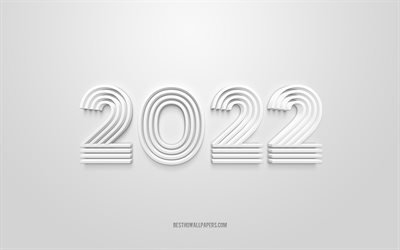 Ano novo de 2022, letras brancas 3D, feliz ano novo de 2022, fundo branco de 2022, conceitos de 2022, arte 3D