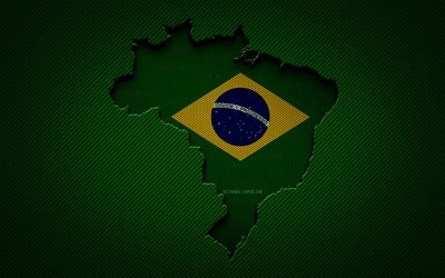 Brazil map, 4k, South American countries, Brazilian flag, green carbon background, Brazil map silhouette, Brazil flag, South America, Brazilian map, Brazil, flag of Brazil