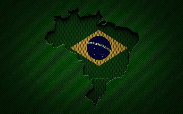 Mapa de Brasil, 4k, pa&#237;ses sudamericanos, bandera brasile&#241;a, fondo de carbono verde, silueta del mapa de Brasil, bandera de Brasil, Am&#233;rica del Sur, mapa de Brasil, Brasil