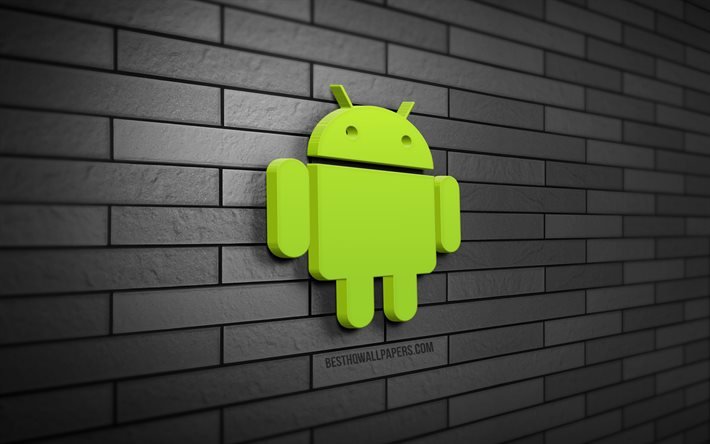 Logo Android 3D, 4K, mur de briques gris, cr&#233;atif, syst&#232;me d&#39;exploitation, logo Android, art 3D, Android