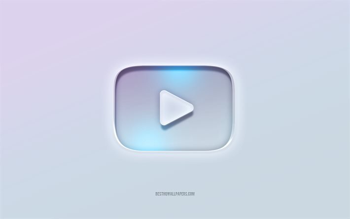 Logotipo do YouTube, texto cortado em 3D, fundo branco, logotipo do YouTube em 3D, emblema do YouTube, YouTube, logotipo em relevo, emblema do YouTube em 3D