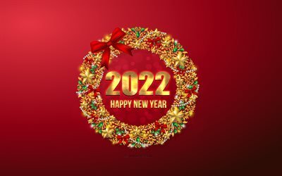 A&#241;o Nuevo 2022, 4k, Corona de Navidad dorada, Feliz a&#241;o nuevo 2022, Fondo rojo de Navidad, 2022 conceptos, Fondo de Navidad 2022, Tarjeta de felicitaci&#243;n 2022