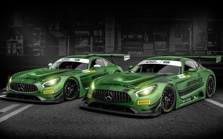 Mercedes AMG GT3, 2017, Mercedes, yeşil Mercedes tuning, araba yarışı