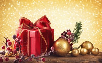 السنة الجديدة هدية, مربع أحمر, عيد الميلاد, عيد الميلاد الديكور, كرات عيد الميلاد