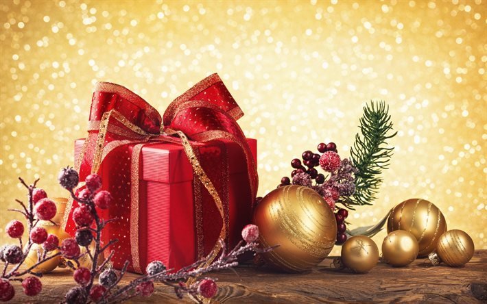 neue jahre-geschenk, rot, box, weihnachten, weihnachtsdekoration, weihnachtskugeln