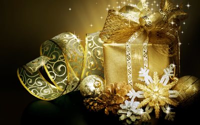 Yeni Yıl, 4k, altın hediye kutusu, 2018, Noel, altın kurdeleler, koniler, kavramlar
