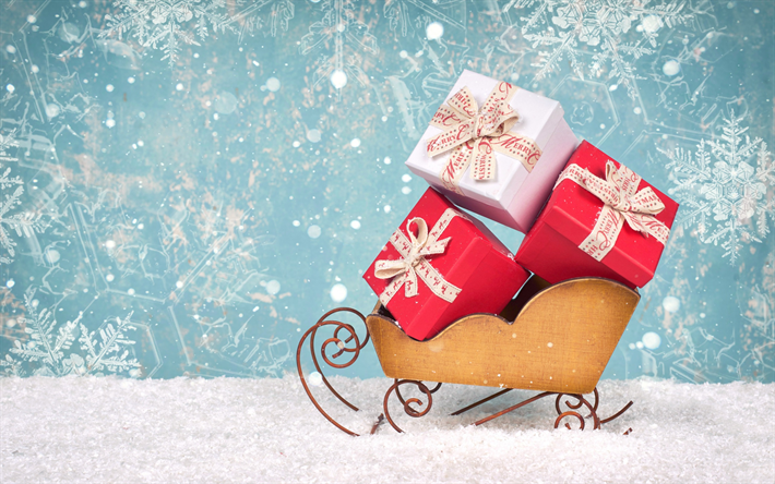 Noel hediyeleri, kızaklarımız, Yeni Yıl, kar, kış, tatil kavramları