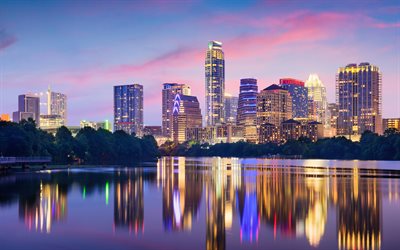Austin, Texas, USA, skyskrapor, kv&#228;ll, stadsbilden, stadens ljus, 4k, moderna byggnader