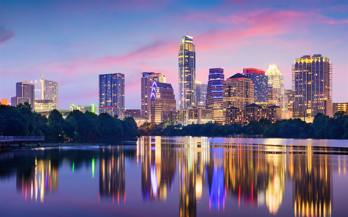 Austin, Texas, estados UNIDOS, rascacielos, noche, paisaje urbano, las luces de la ciudad, 4k, edificios modernos