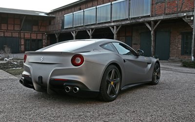 Ferrari F12berlinetta, 4k, gray matte supercar, rear view, sports coupe, Ferrari