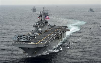 amphibious assault ship, USS Boxer, LHD-4, Wasp-class, warship, ocean, US Navy, USA, Sikorsky CH-53, Sea Stallion, Bell Boeing, V-22 Osprey
