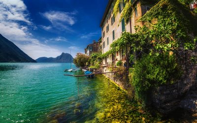 Gandria, O Lago De Lugano, montanhas, Alpes, Su&#237;&#231;a