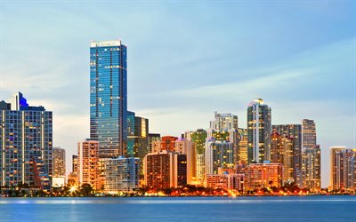 Miami, 4k, paysage urbain, gratte-ciel, lever du soleil, Floride, &#233;tats-unis