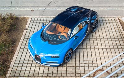 Bugatti Chiron, view from above, hypercar, luxury car, 0-400, 42 seconds, blue black Chiron