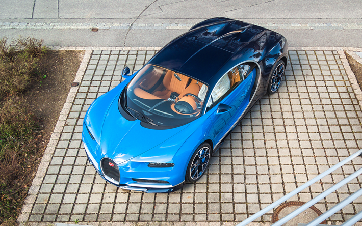 Bugatti Chiron, yukarıda, hypercar, l&#252;ks araba, 0-400, 42 saniye g&#246;r&#252;n&#252;m, mavi siyah Chiron
