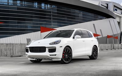 Porsche Cayenne Turbo, 2017, white luxury SUV, tuning Cayenne, black wheels, German cars, Porsche