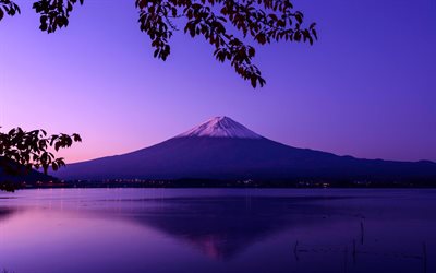 Le mont Fuji, coucher de soleil, montagnes, Fujiyama, en Asie, stratovolcan, Japon
