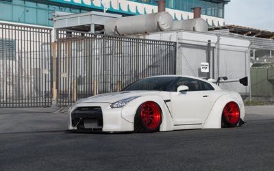 Nissan GT-R, white sports coupe, red wheels, tuning, niche wheels, Nissan