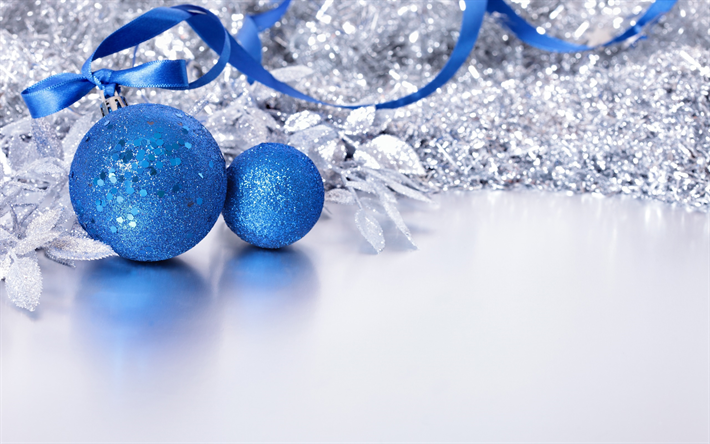 blue christmas balls, New Year, 2018, Christmas, concept, decoration, blue silk ribbon