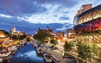 Ottawa, capital do Canad&#225;, noite, luzes da cidade, o Rio Ottawa, Canada