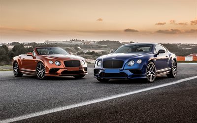 Bentley Continental, Supersports, 2017, luxury sports cars, sports coupe, sunset, orange cabriolet, blue Continental, Bentley