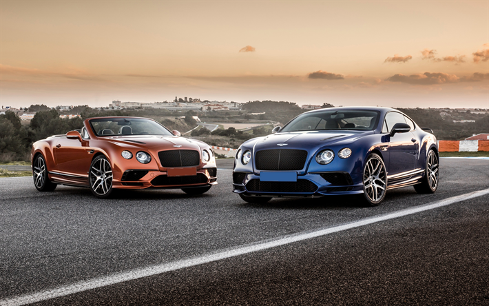 Bentley Continental Supersports, en 2017, de luxe, voitures de sport, coup&#233; sport, coucher de soleil, orange cabriolet, bleu Continental, Bentley