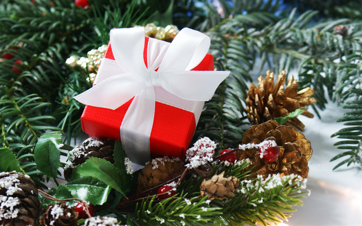 Noel ağacı, Yeni Yıl, kırmızı hediye kutusu, kozalak, kavramlar, Noel