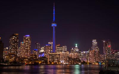 Toronto, 4K, CN Tower, arranha-céus, noite, paisagem urbana, luzes da cidade, Canada, torre de televisão