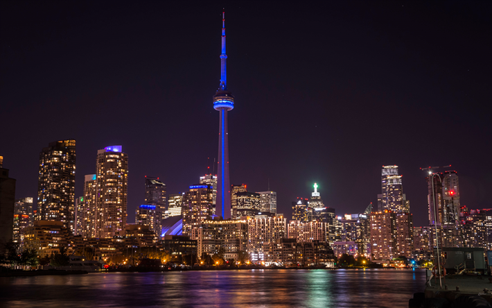 Toronto, 4K, CN Tower, grattacieli, notte, paesaggio urbano, luci della citt&#224;, il Canada, la torre della televisione