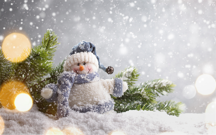 snowman, Christmas, snow, winter, 2018 New Year, Christmas tree