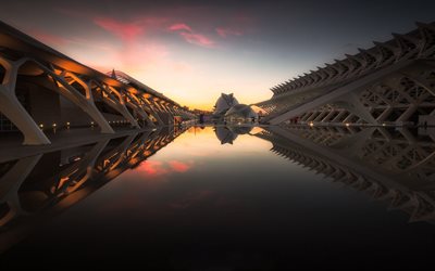 City of Arts and Sciences, Valencia, Spain, landmark, evening, fountains, modern architecture