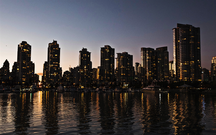 Vancouver, moderna byggnader, kv&#228;llen city, twilight, Kanada