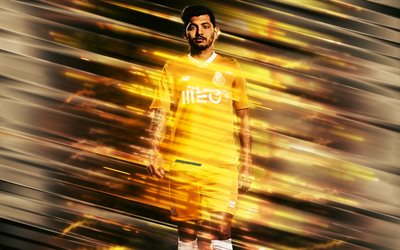 Jesus Corona, 4k, yaratıcı sanat, stil, Porto FC, Meksikalı futbolcu, Portekiz, turuncu arka plan, &#231;izgiler, sanat, futbol bı&#231;akları