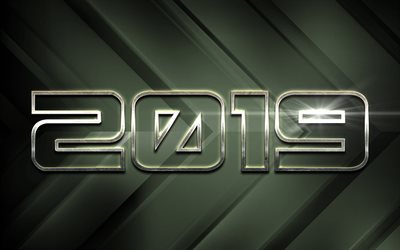 2019 Year, green abstract background, 2019 creative background, New 2019, metallic 2019 patterns, steel letters