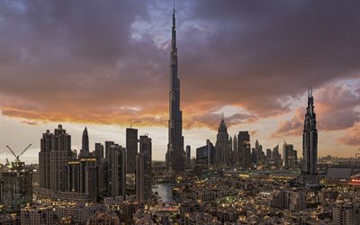 Burj Khalifa, Downtown Dubai, modern architecture, skyscrapers, modern buildings, evening, mixed-use complex, Dubai, United Arab Emirates