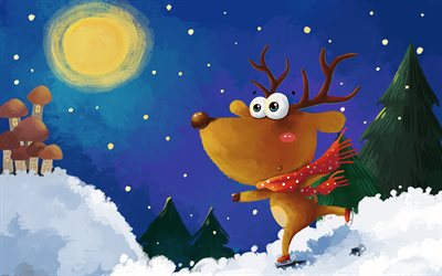 Merry Christmas, xmas night, Christmas Reindeer, artwork, Happy New Year, Christmas