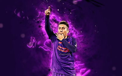Roberto Firmino, violet uniform, brazilian footballers, LFC, abstract art, soccer, Liverpool FC, Firmino, Premier League, football, neon lights