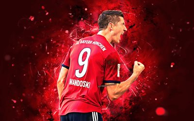 Robert Lewandowski, joy, back view, Bayern Munich FC, goal, polish footballers, soccer, Lewandowski, forward, Bundesliga, Germany, neon lights