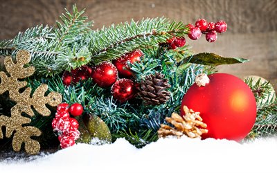 Christmas, winter, snow, red Christmas balls, Christmas tree, background, decoration
