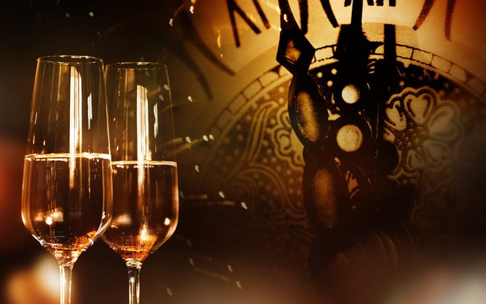 Ano Novo, champanhe, noite, meia-noite, rel&#243;gio, 2019, ta&#231;as de champanhe