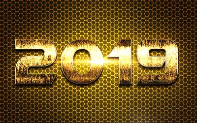 Golden Happy New Year 2019 year, gold digits, creative, 2019 concepts, metal grid background, 2019 year, artwork, Happy New Year 2019, 2019 year golden digits