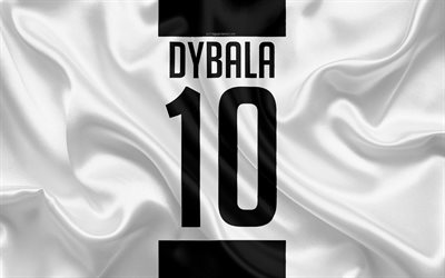 Paulo Dybala, Juventus FC, T-shirt, 10 numero, Serie A, bianco seta nero, texture, Juve, Torino, Italia, calcio, Dybala