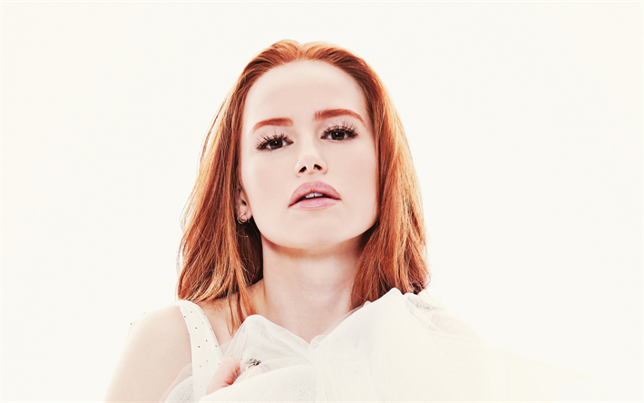 Madelaine Petsch, portrait, face, photo shoot, white dress, American actress, Hollywood star, USA