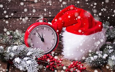 New Year, red caps, winter, snow, midnight, decoration, Christmas tree, red alarm clock