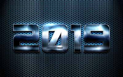 Metal digits 2019, Happy New Year 2019, blue metal grid, blue 2019 year, creative, 2019 concepts, 2019 on metal, New Year 2019